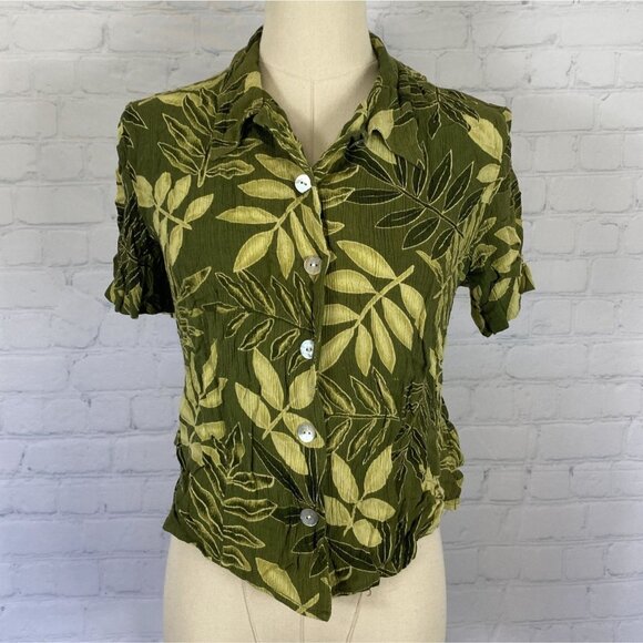 ⭐ 3/$15 Vintage Karin Stevens Size 10 Green Leaf Print Hawaiian Button Up - Picture 1 of 7
